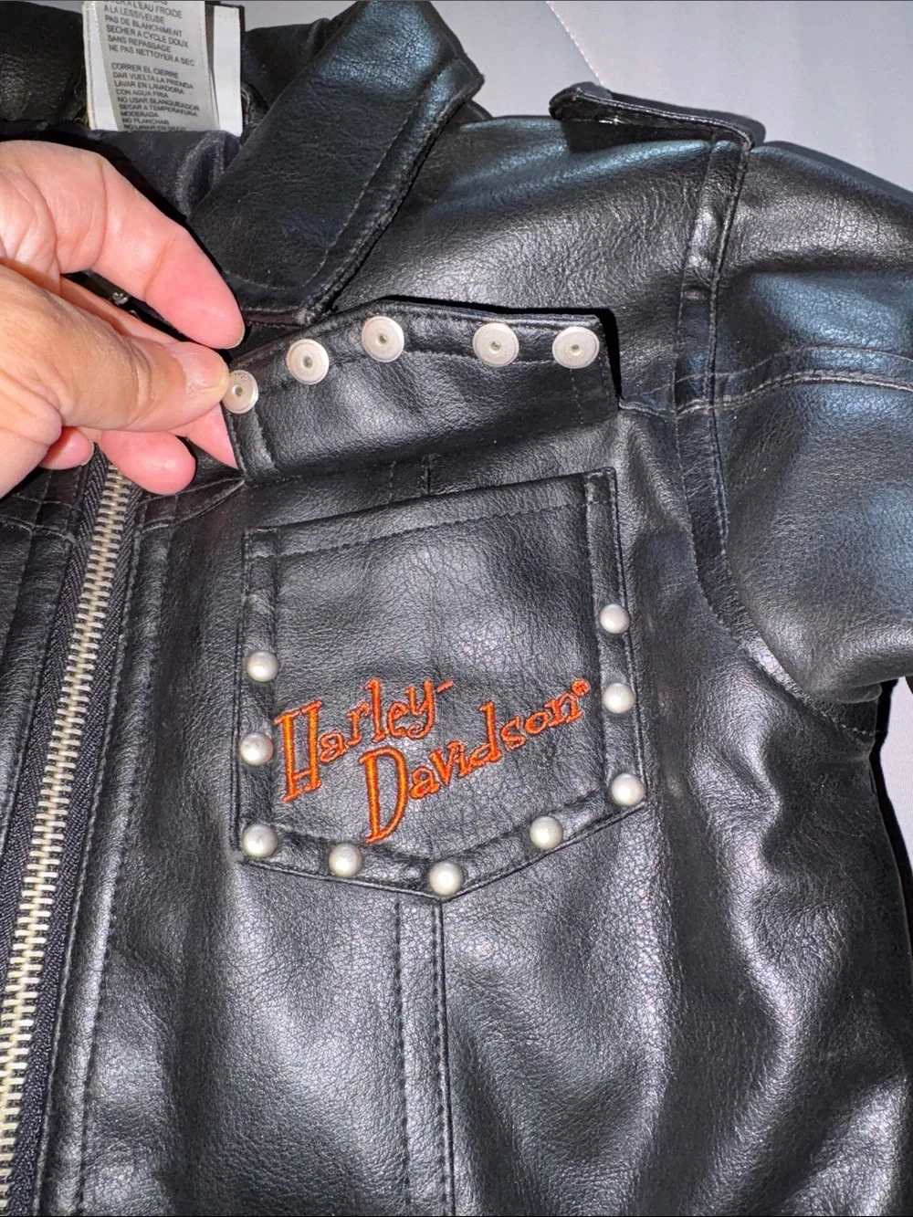 Harley-Davidson Girl Black Studded Embroidered Faux Leather Jacket EUC 4T